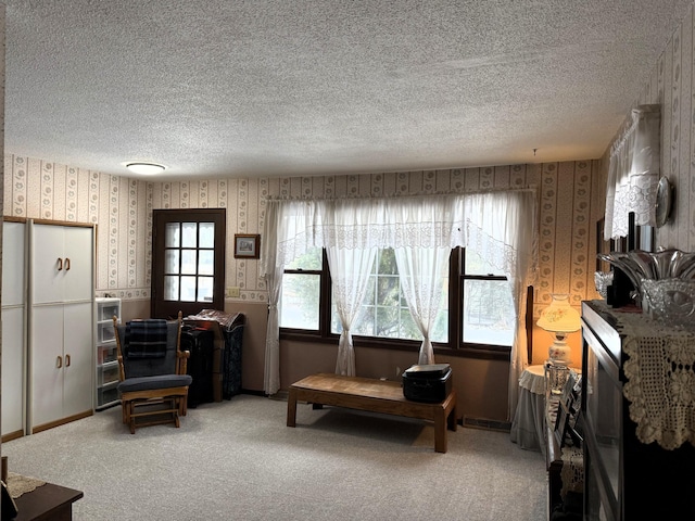 7780 Fawn Lake Dr NE, Stacy, MN 55079 - living area with wallpapered walls, a textured ceiling, and light colored carpet