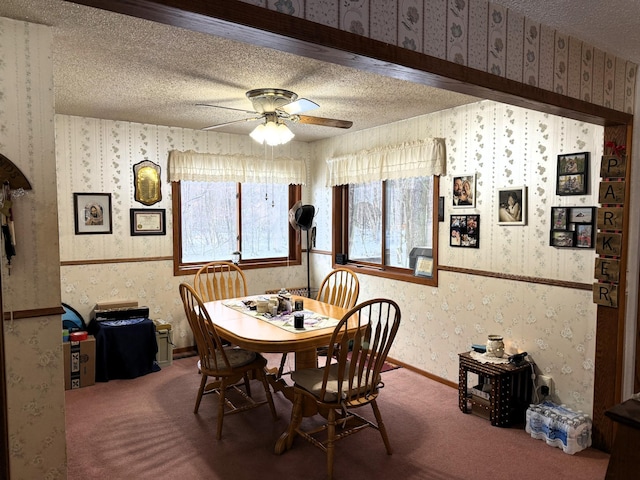 7780 Fawn Lake Dr NE, Stacy, MN 55079 - carpeted dining area featuring wallpapered walls, a textured ceiling, and ceiling fan