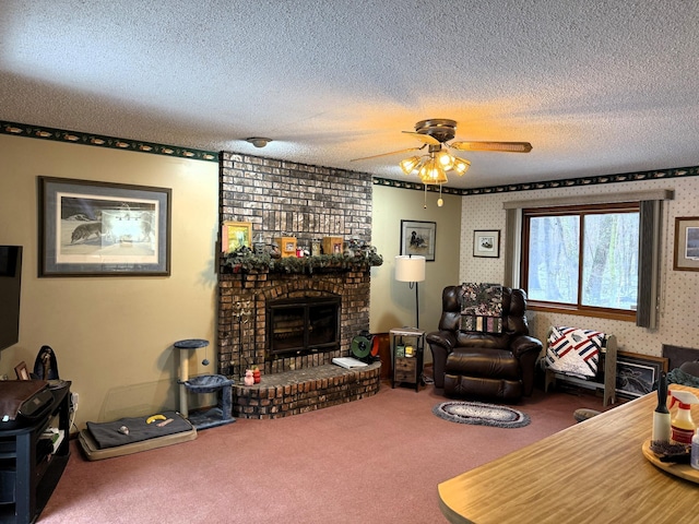 7780 Fawn Lake Dr NE, Stacy, MN 55079 - carpeted living room featuring a fireplace, a ceiling fan, and a textured ceiling