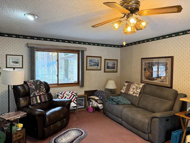 7780 Fawn Lake Dr NE, Stacy, MN 55079 - living area with carpet, a ceiling fan, a textured ceiling, and wallpapered walls