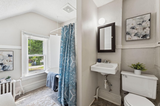 1404 Russell Ave N, Minneapolis, MN 55411 - full bath with toilet, vaulted ceiling, a shower with curtain, a textured ceiling, and baseboards