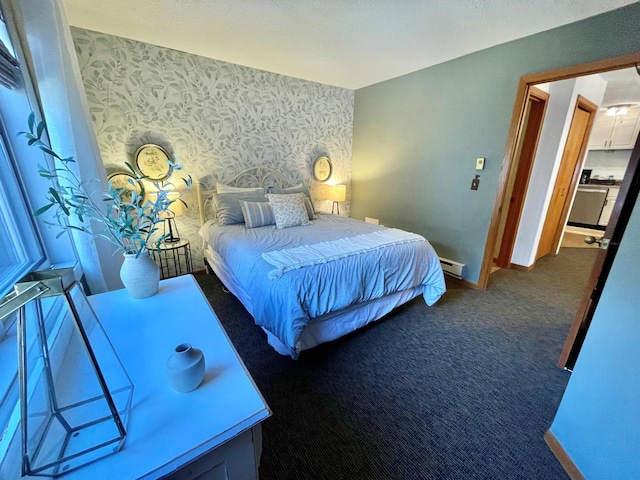128 Bridge Run Ln Unit B, Lutsen Twp, MN 55612 - bedroom featuring wallpapered walls, carpet floors, a baseboard radiator, and baseboards