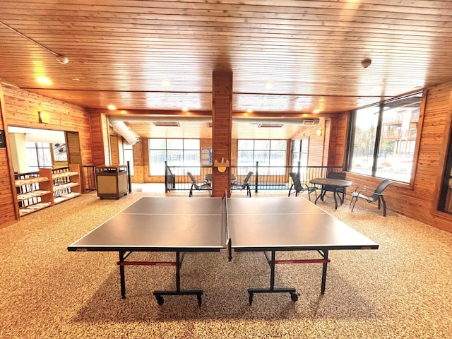 128 Bridge Run Ln Unit B, Lutsen Twp, MN 55612 - recreation room featuring wooden ceiling, carpet floors, and wood walls
