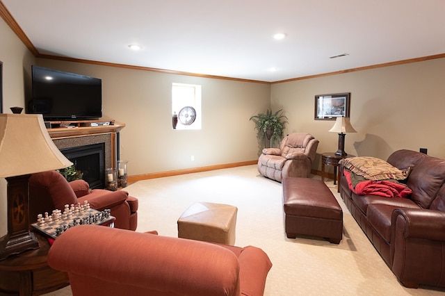 1120 Southridge Rd, New Ulm, MN 56073 - carpeted living area featuring ornamental molding, recessed lighting, baseboards, and a fireplace