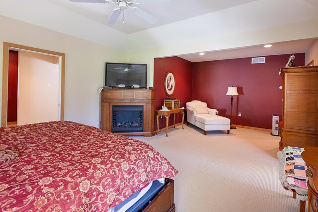 1120 Southridge Rd, New Ulm, MN 56073 - carpeted bedroom with a fireplace, ceiling fan, recessed lighting, and baseboards