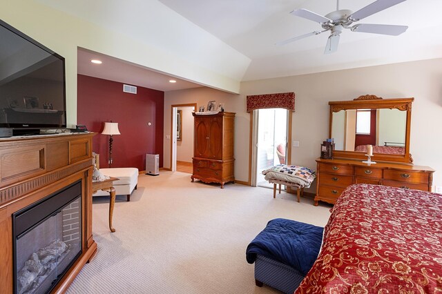 1120 Southridge Rd, New Ulm, MN 56073 - bedroom with light colored carpet, a fireplace, recessed lighting, vaulted ceiling, and baseboards