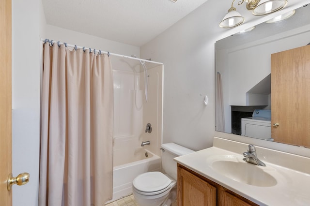 8187 230th St E, Faribault, MN 55021 - bathroom with washer / clothes dryer, toilet, shower / tub combo with curtain, and vanity