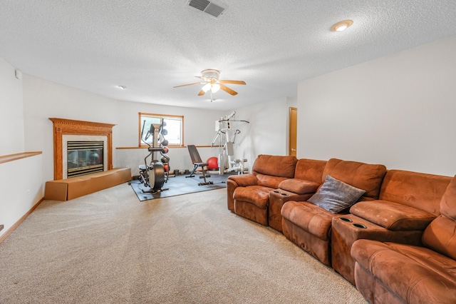 810 7th Ave N, Sauk Rapids, MN 56379 - carpeted living area featuring a ceiling fan, a textured ceiling, and a glass covered fireplace