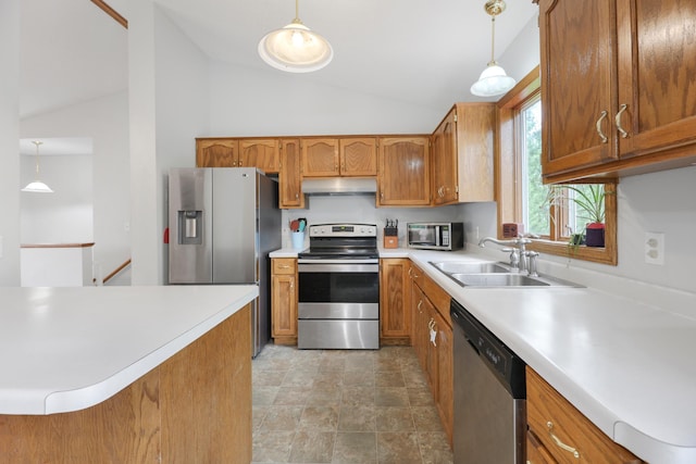 810 7th Ave N, Sauk Rapids, MN 56379 - kitchen with stainless steel appliances, under cabinet range hood, a sink, brown cabinets, and high vaulted ceiling