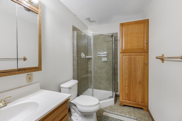 810 7th Ave N, Sauk Rapids, MN 56379 - bathroom featuring a textured ceiling, vanity, a shower stall, toilet, and tile patterned flooring