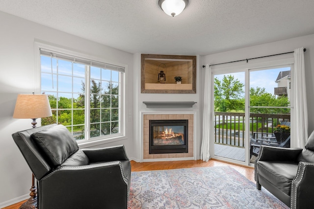 16047 72nd St NE, Otsego, MN 55330 - living room with healthy amount of natural light, a textured ceiling, wood finished floors, a tile fireplace, and baseboards