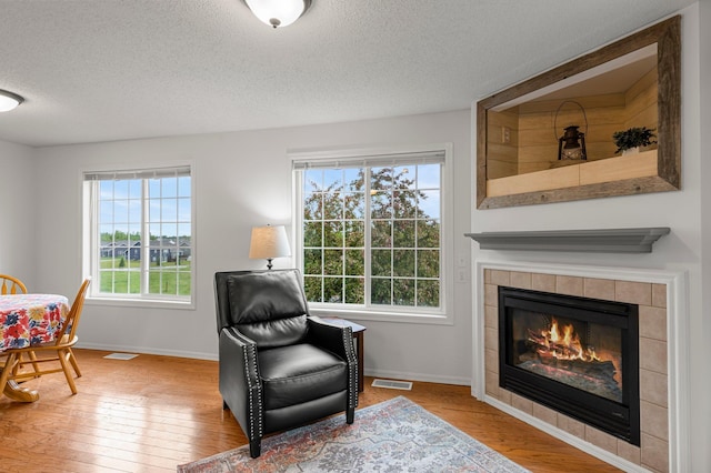 16047 72nd St NE, Otsego, MN 55330 - living area featuring a textured ceiling, healthy amount of natural light, wood finished floors, a fireplace, and baseboards