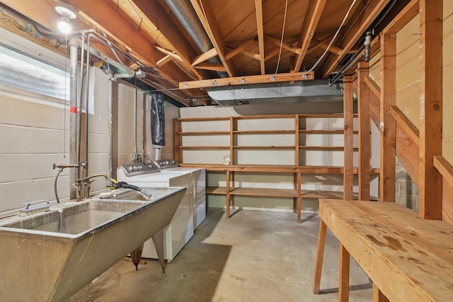 5652 Thomas Ave S, Minneapolis, MN 55410 - unfinished below grade area featuring washer and clothes dryer, a sink, and concrete block wall