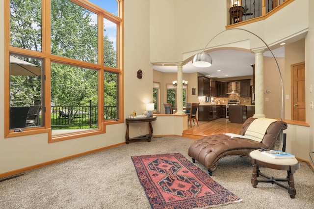 16976 81st Ave N, Maple Grove, MN 55311 - living area with ornate columns, light carpet, a towering ceiling, healthy amount of natural light, and baseboards