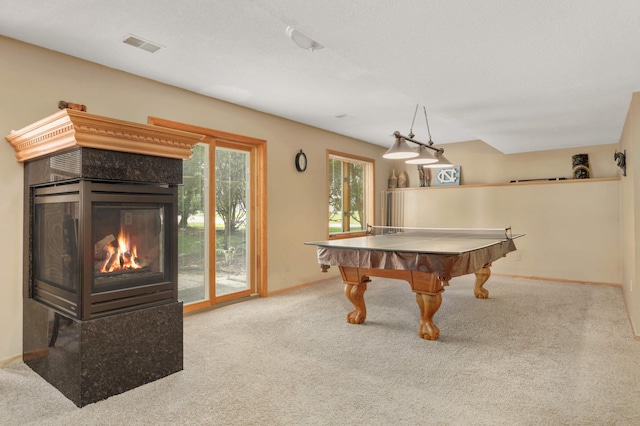 16976 81st Ave N, Maple Grove, MN 55311 - rec room with carpet floors, billiards table, baseboards, and a multi sided fireplace