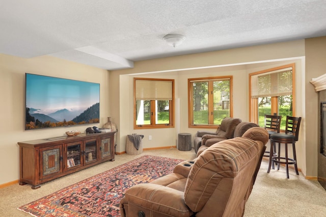 16976 81st Ave N, Maple Grove, MN 55311 - carpeted living room with baseboards, a textured ceiling, and a fireplace