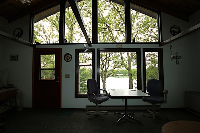 39817 Osage Dr, Browerville, MN 56438 - carpeted office with wood ceiling, a water view, and high vaulted ceiling
