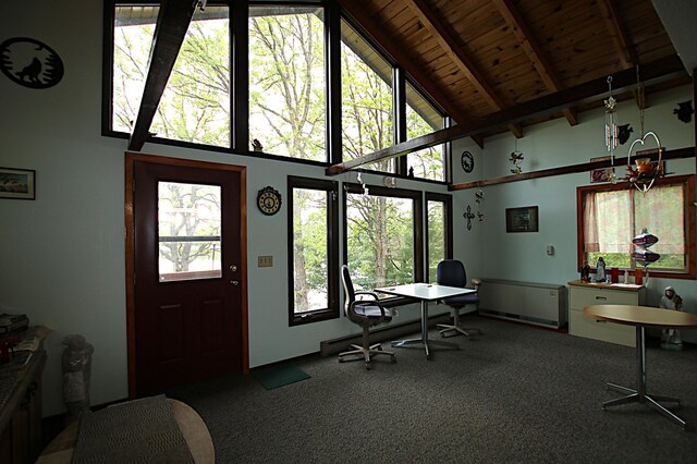 39817 Osage Dr, Browerville, MN 56438 - office space with wooden ceiling with exposed beams, carpet flooring, and high vaulted ceiling