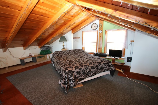 39817 Osage Dr, Browerville, MN 56438 - bedroom featuring wood ceiling, vaulted ceiling, and baseboards