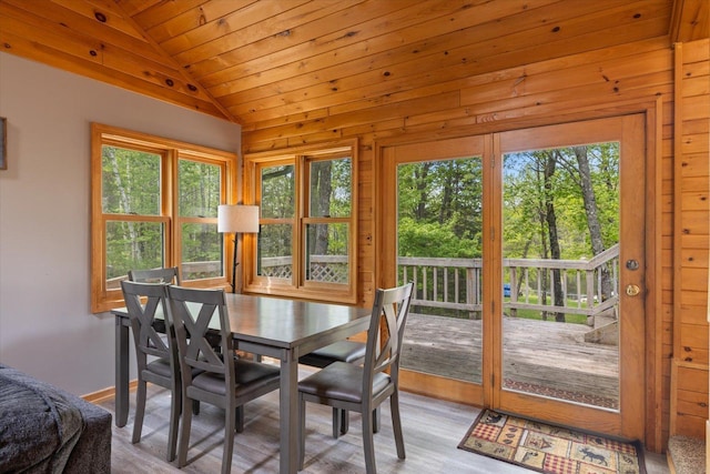 9407 St Odilia Beach Rd, Vermilion Lake Twp, MN 55790 - dining room featuring lofted ceiling, wooden ceiling, and wood finished floors