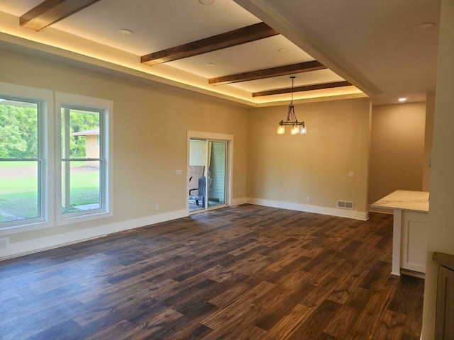 8800 86th Ave N, Greenfield, MN 55373 - spare room featuring beamed ceiling, dark wood finished floors, a chandelier, and recessed lighting