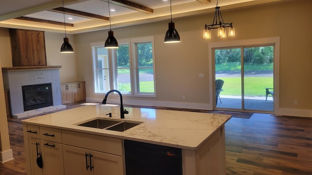8800 86th Ave N, Greenfield, MN 55373 - kitchen with black dishwasher, dark wood finished floors, light stone counters, beamed ceiling, and recessed lighting