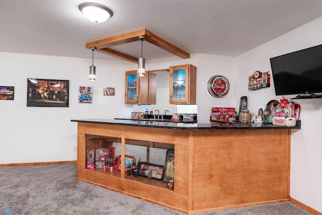 7214 Eagle Pointe Dr S, Fargo, ND 58104 - indoor wet bar with carpet flooring, baseboards, beamed ceiling, decorative light fixtures, and a textured ceiling