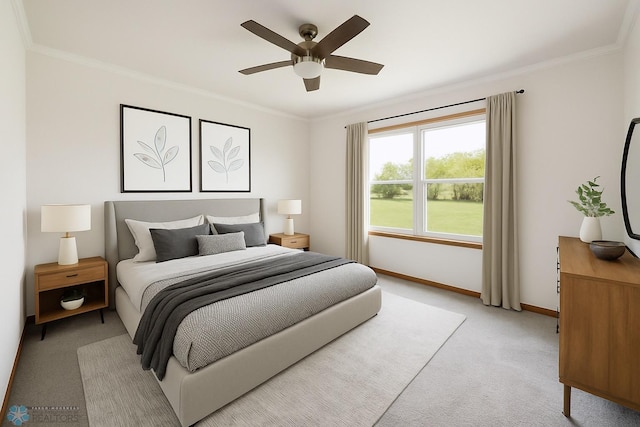 7214 Eagle Pointe Dr S, Fargo, ND 58104 - bedroom featuring light colored carpet, crown molding, baseboards, and ceiling fan