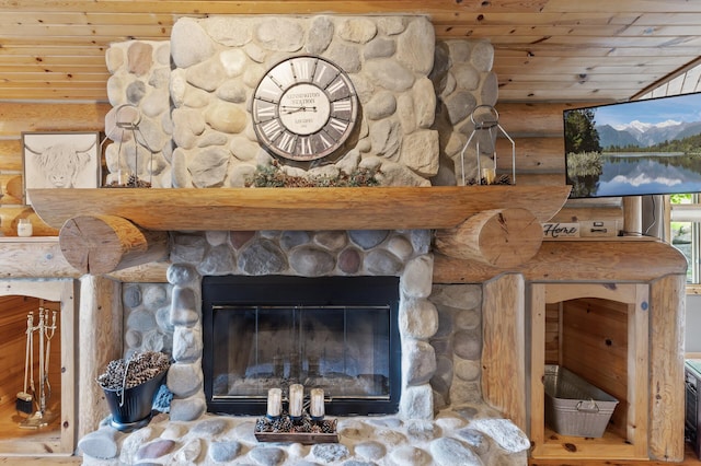 22165 Harlow Ave, Helena Twp, MN 55352 - detailed view of log walls, wood ceiling, and a stone fireplace