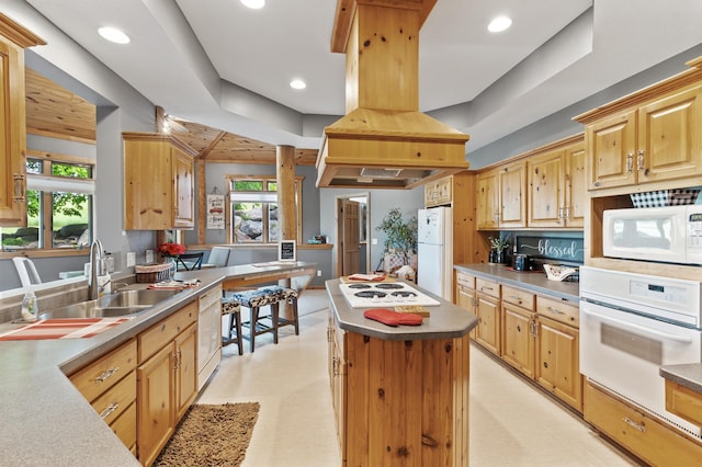 22165 Harlow Ave, Helena Twp, MN 55352 - kitchen with white appliances, plenty of natural light, a center island, a sink, and recessed lighting