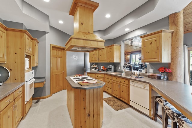 22165 Harlow Ave, Helena Twp, MN 55352 - kitchen with white appliances, a sink, island range hood, recessed lighting, and a center island