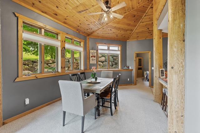 22165 Harlow Ave, Helena Twp, MN 55352 - dining room featuring wooden ceiling, carpet flooring, baseboards, ceiling fan, and vaulted ceiling