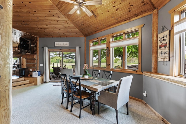 22165 Harlow Ave, Helena Twp, MN 55352 - dining room with wood ceiling, carpet, lofted ceiling, a ceiling fan, and baseboards