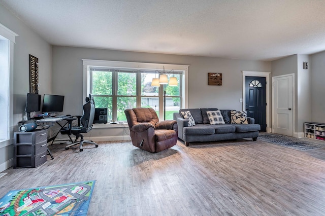 113 7th Ave SE, Elbow Lake, MN 56531 - living area featuring wood finished floors, a desk, baseboards, and a textured ceiling