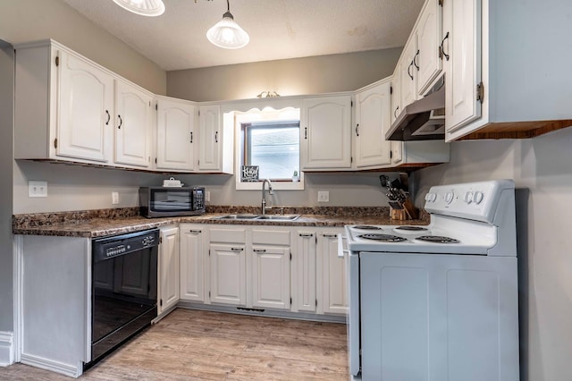 113 7th Ave SE, Elbow Lake, MN 56531 - kitchen featuring black dishwasher, white range with electric cooktop, under cabinet range hood, a sink, and dark countertops