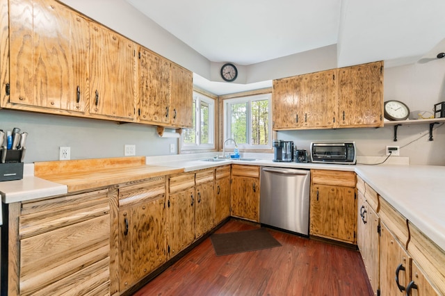 185 Wagon Rd, Esko, MN 55733 - kitchen with dishwasher, a sink, dark wood-type flooring, light countertops, and open shelves