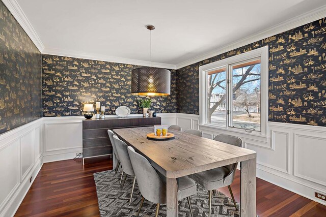 75 Oregon Ave S, Golden Valley, MN 55426 - dining area featuring dark wood-type flooring, wainscoting, ornamental molding, and wallpapered walls
