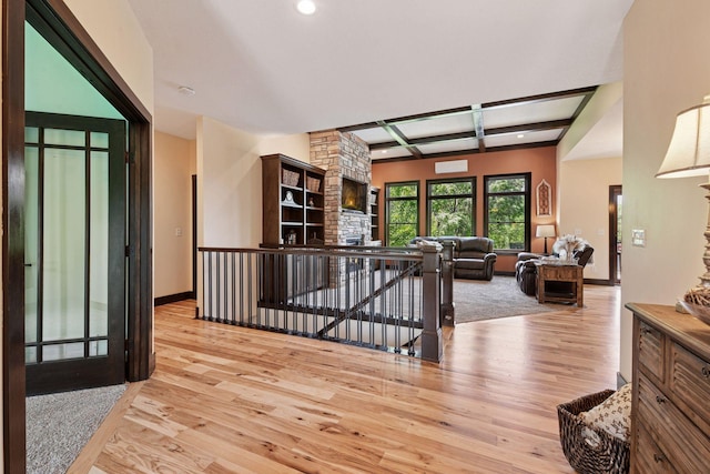 227 Maple Ln, Jordan, MN 55352 - hall with an upstairs landing, hardwood / wood-style flooring, baseboards, recessed lighting, and beam ceiling