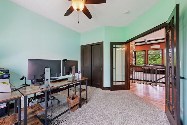 227 Maple Ln, Jordan, MN 55352 - office space featuring ceiling fan, french doors, baseboards, carpet floors, and wood finished floors