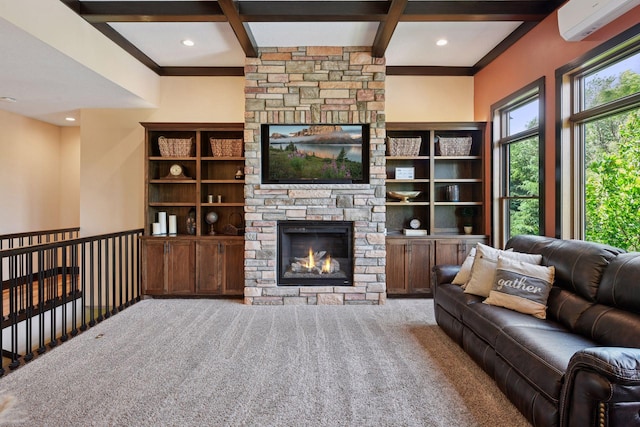 227 Maple Ln, Jordan, MN 55352 - carpeted living room with a fireplace, a wall mounted air conditioner, beamed ceiling, recessed lighting, and coffered ceiling