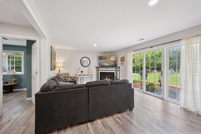 13171 Island View Dr NW, Elk River, MN 55330 - living area featuring wood finished floors, a lit fireplace, and recessed lighting