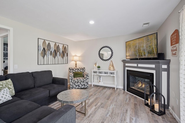 13171 Island View Dr NW, Elk River, MN 55330 - living area featuring wood finished floors, a glass covered fireplace, and recessed lighting