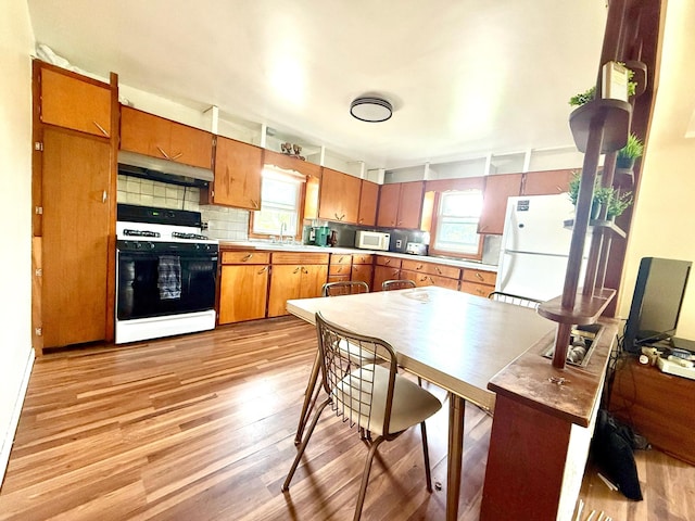 1402 Kirkwood Ave, Albert Lea, MN 56007 - kitchen featuring white appliances, under cabinet range hood, light wood-style flooring, and brown cabinetry