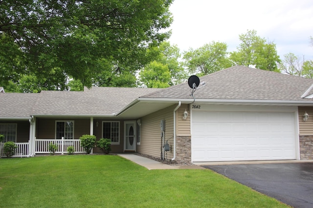 7642 Palisades Ave NE, Otsego, MN 55330 - ranch-style home featuring stone siding, roof with shingles, a porch, asphalt driveway, and a front lawn