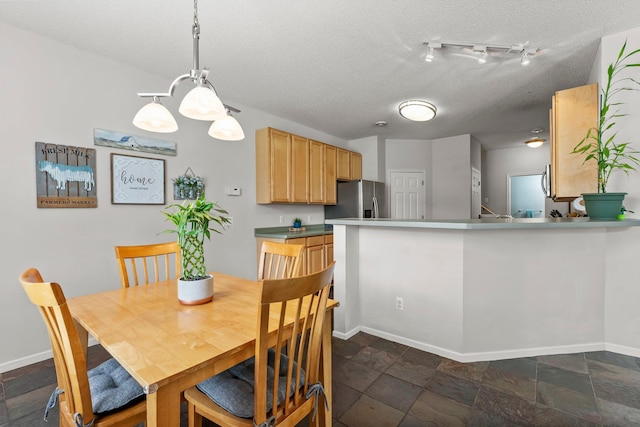 13055 Europa Trail Way N Unit A, Hugo, MN 55038 - dining space with a textured ceiling, baseboards, stone tile flooring, and rail lighting
