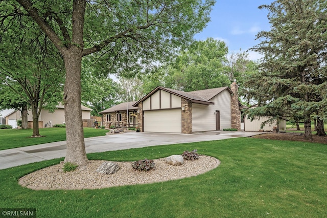10425 Quaker Ln N, Maple Grove, MN 55369 - view of front of home with a front yard, an attached garage, a chimney, concrete driveway, and a shingled roof