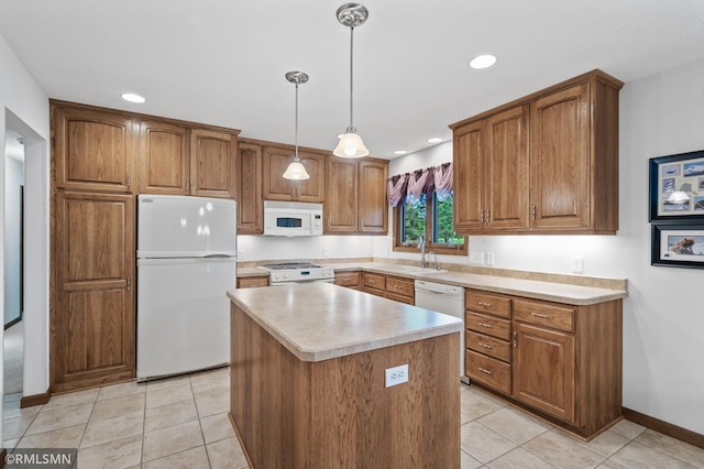 10425 Quaker Ln N, Maple Grove, MN 55369 - kitchen with white appliances, a sink, brown cabinetry, light countertops, and recessed lighting