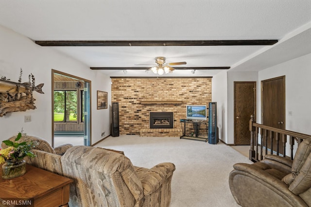 10425 Quaker Ln N, Maple Grove, MN 55369 - living area with light carpet, beamed ceiling, and a ceiling fan
