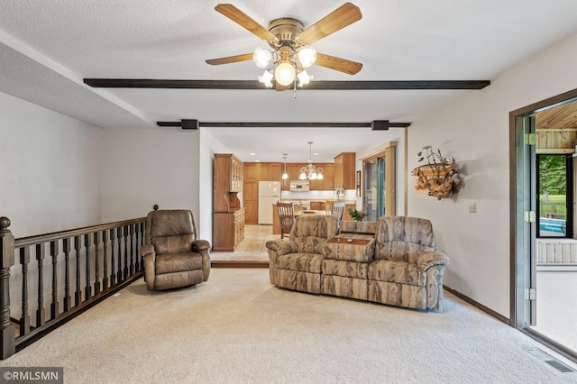 10425 Quaker Ln N, Maple Grove, MN 55369 - living area featuring light carpet, a chandelier, ceiling fan, beam ceiling, and baseboards
