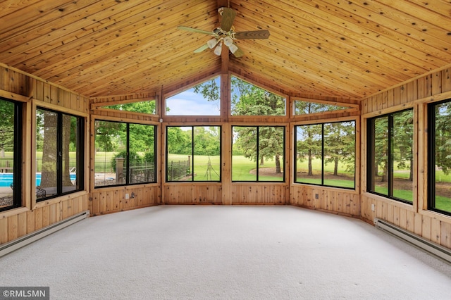 10425 Quaker Ln N, Maple Grove, MN 55369 - unfurnished sunroom featuring a baseboard heating unit, a ceiling fan, carpet floors, wood walls, and wooden ceiling